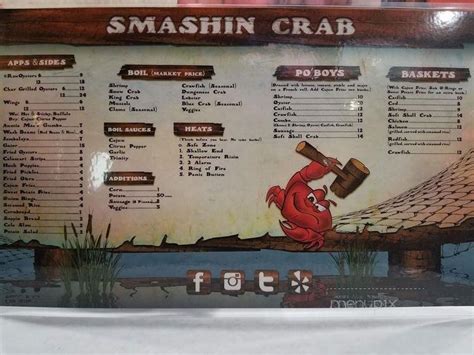 Specialties Smashin Crab, located in San Antonio, Texas, serves THE best seafood We're serving fresh crab, shrimp and oysters in a relaxed and festive atmosphere, where every day feels like Mardi Gras Seafood Po'Boys, boiled crawfish and live lobsters flown in fresh await you Established in 2017. . Smashin crab menu